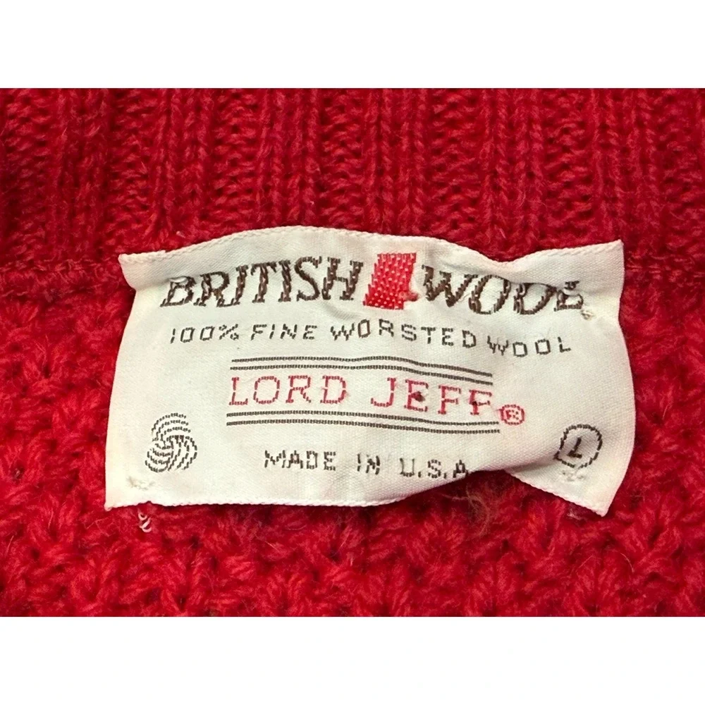 Vtg Lord Jeff Cable Knit‎ Crewneck Large Sweater Red British Worsted Wool USA